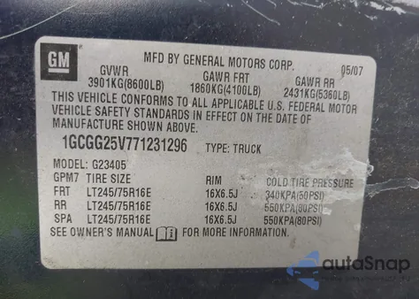 2007 Chevrolet Express Work Van from USA, damaged, VIN 1GCGG25V771231296